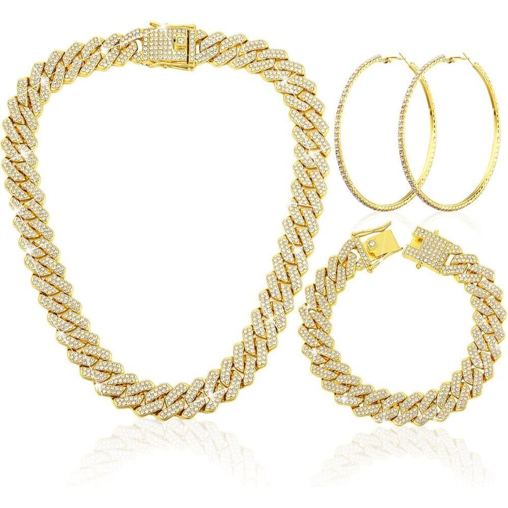 3 Pcs Cuban Link Chain Bracelet Earrings Set Gold Rhinestone Bling Jewelry for W